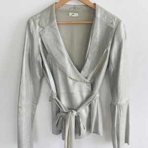 Vintage Silver Glitter Genuine Leather Jacket with Silk Tie